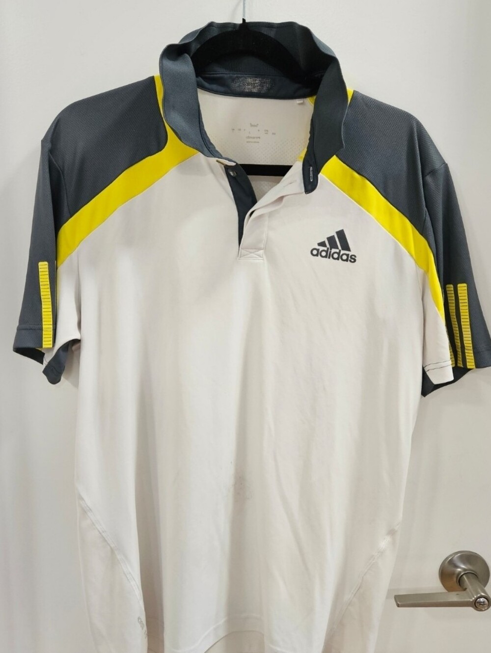 Adidas Medium Men's White Polo with Gray & Yellow Accents
